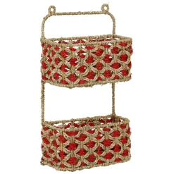 Étagère murale 2 paniers en jonc de mer naturel et rouge