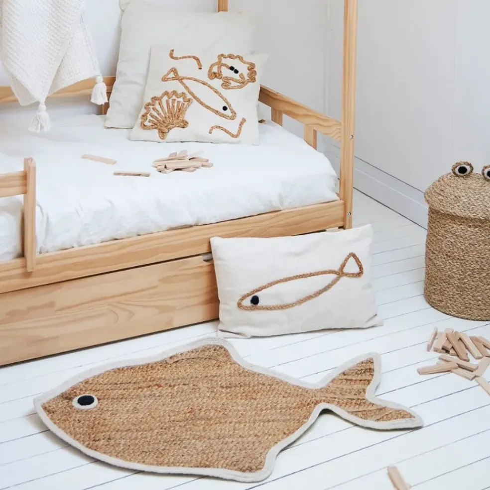 Tapis poisson en jute naturel et blanc 100x65cm - Eté A La Mer