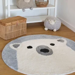 Tapis rond ours tufté en coton banc et bleu d120cm - Banquise