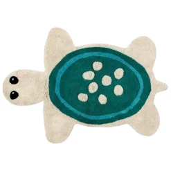 Tapis tortue en coton tufté écru et bleu 92x65cm