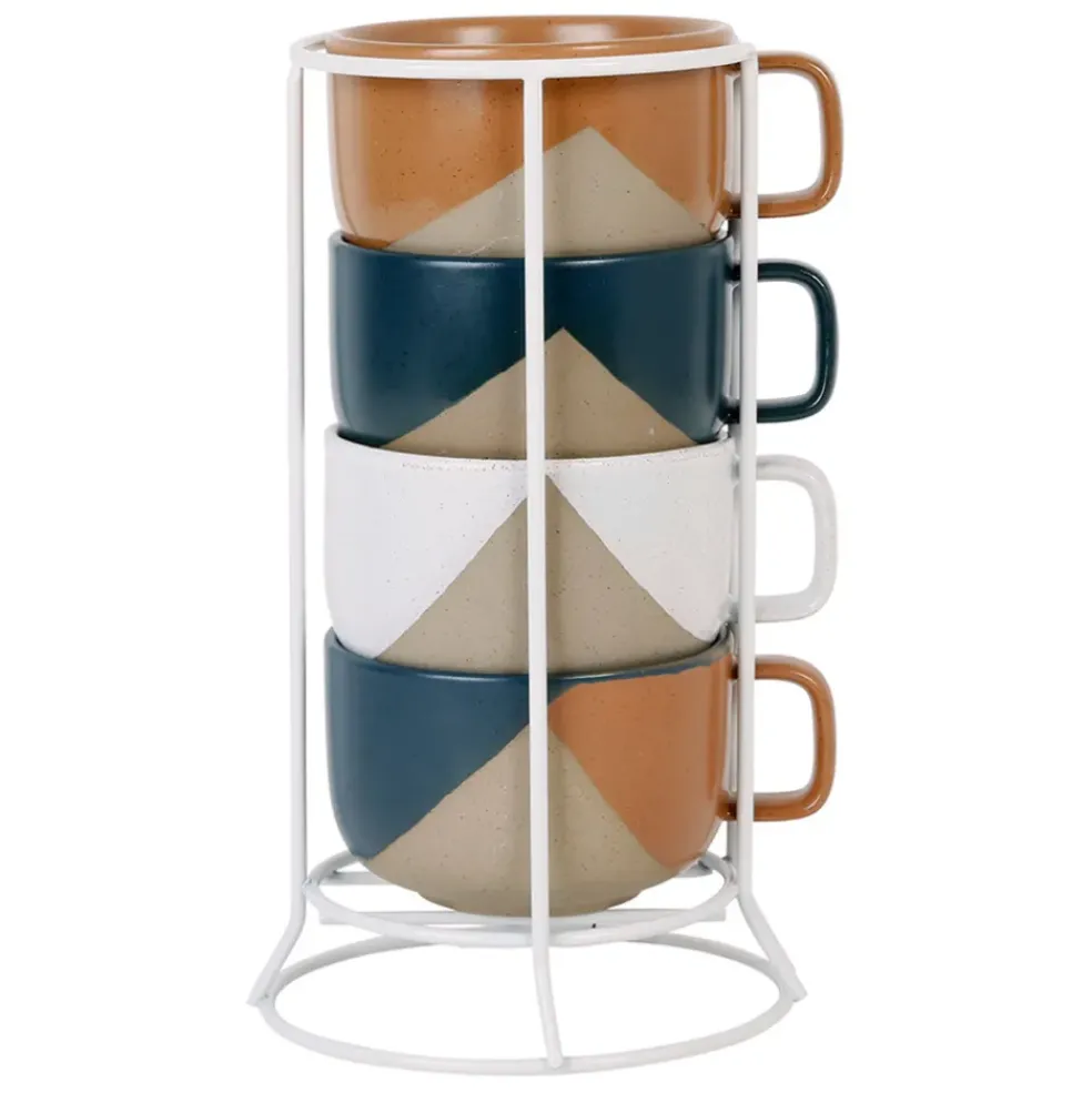 Tasse à thé avec support en grès indigo, blanc et terracotta -courba