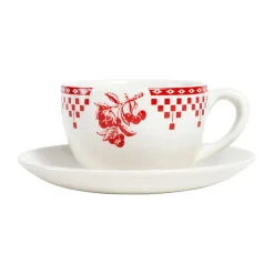 Tasse à thé et sous-tasse en faïence damier rouge - campagne