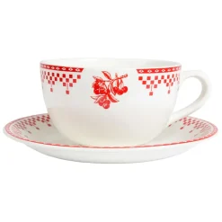 Tasse et sous-tasse en faïence damier rouge - campagne