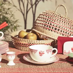 Tasse et sous-tasse en faïence damier rouge - campagne