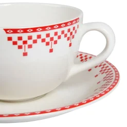 Tasse et sous-tasse en faïence damier rouge - campagne