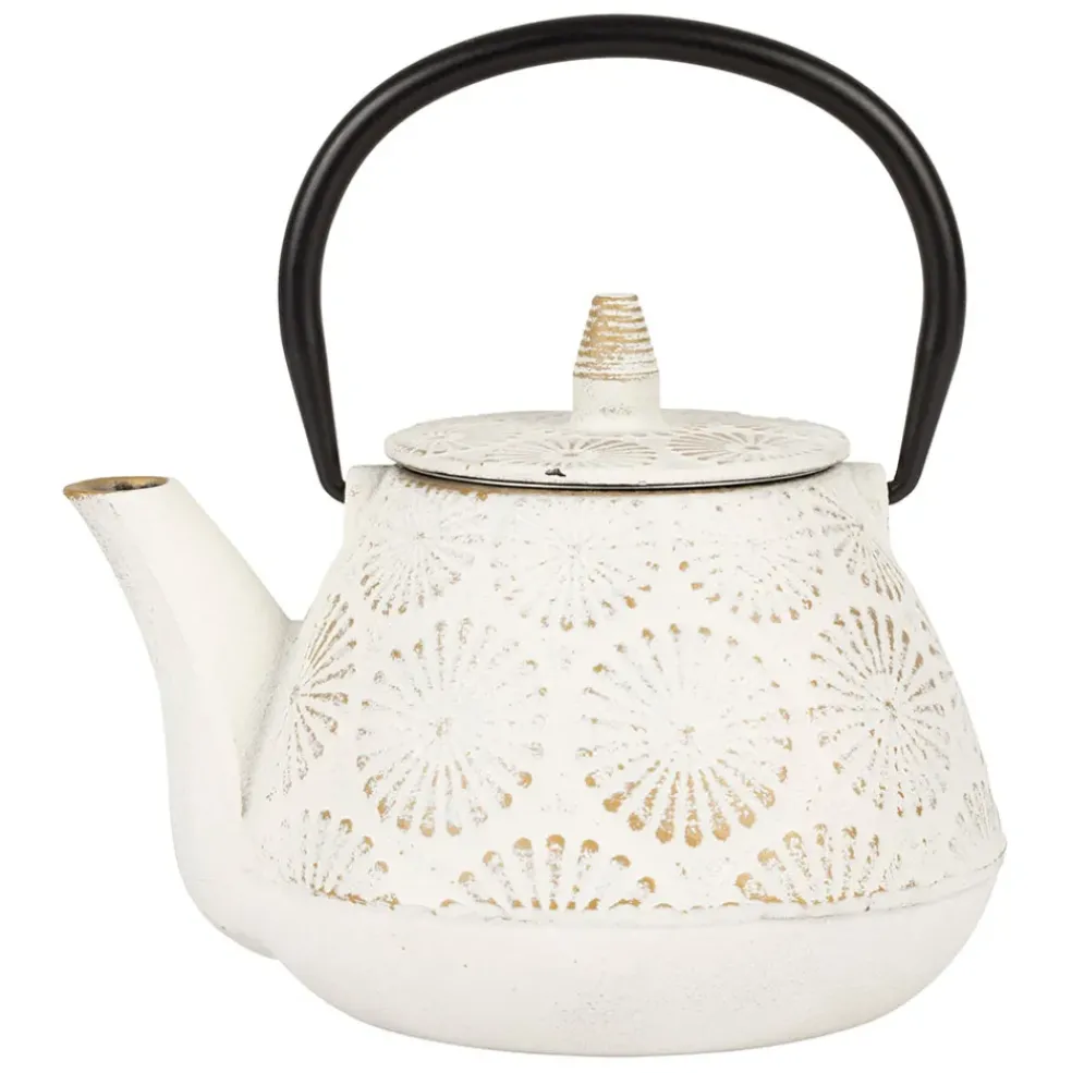 Théière en fonte blanc et dorée - lotus