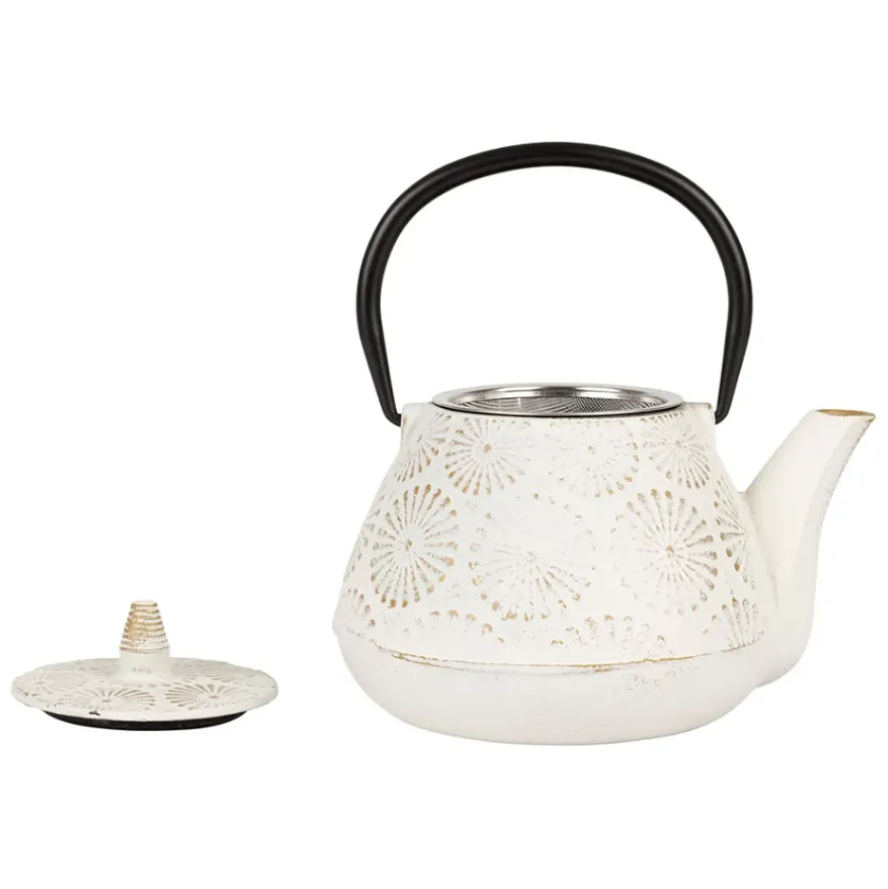 Théière en fonte blanc et dorée - lotus