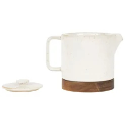 Théière en grès blanc moucheté et bois avec filtre - nordika