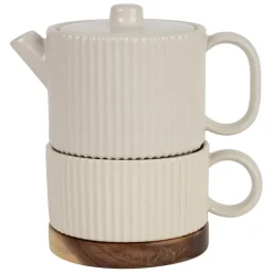 Théière solitaire avec tasse et filtre en grès écru 45cl - Sweet Leaves