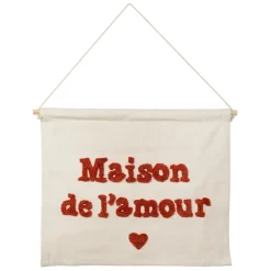 Toile maison amour en coton écru et rouge 66x50cm - Famille