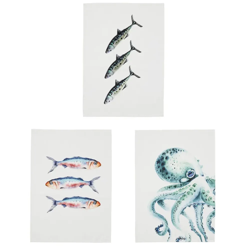Torchon en coton (x3) faune marine blanc et turquoise 50x70cm