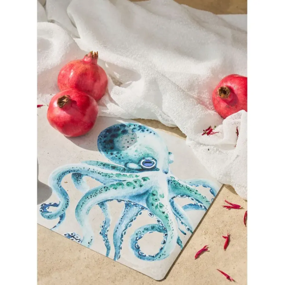 Torchon en coton (x3) faune marine blanc et turquoise 50x70cm