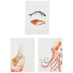 Torchon en coton (x3) faune marine blanc et corail 50x70cm