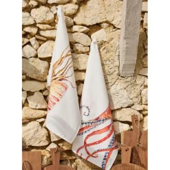Torchon en coton (x3) faune marine blanc et corail 50x70cm