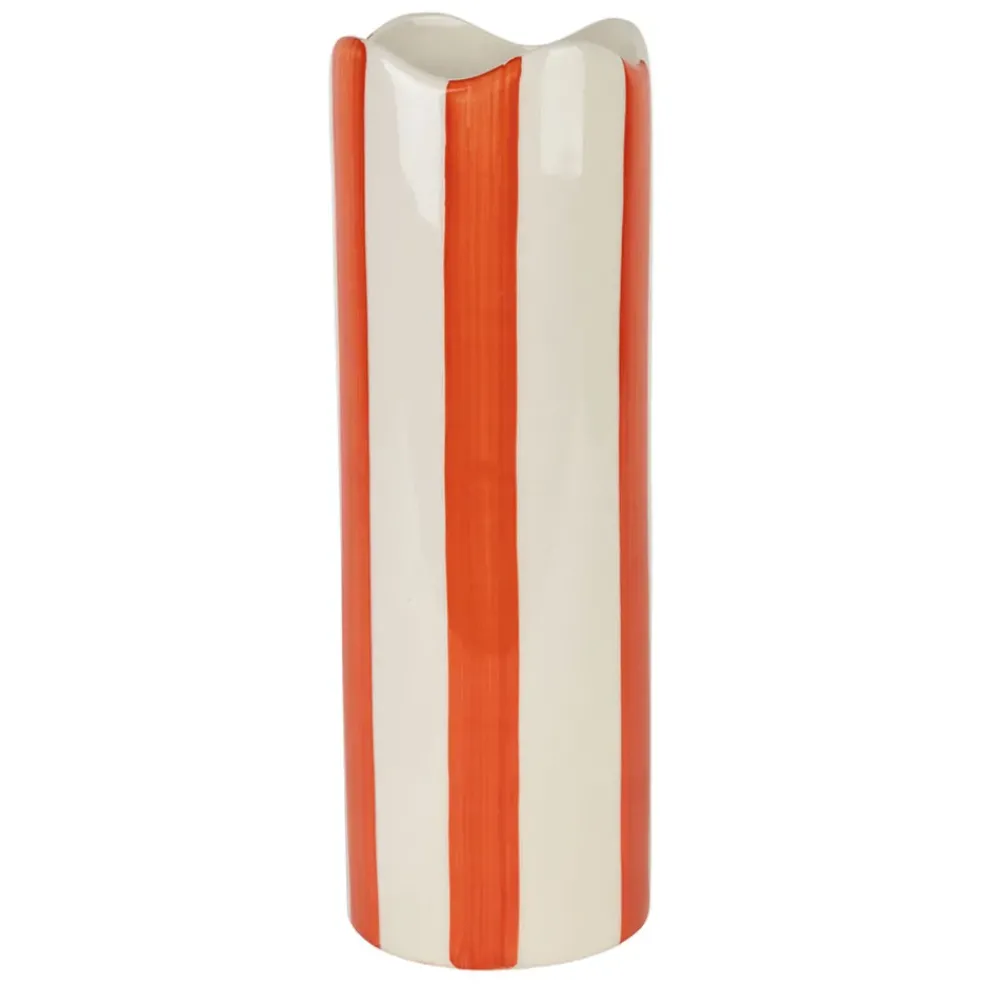 Vase cylindre en grès rayé corail et blanc h23cm - Artist