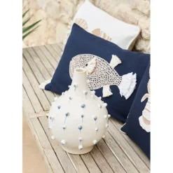 Vase dame jeanne en grès blanc et bleu h25cm - Delicio