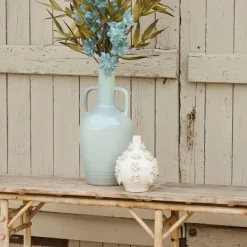 Vase dame jeanne en grès fleurs blanc cassé h25cm - Delicio