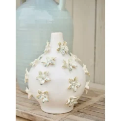 Vase dame jeanne en grès fleurs blanc cassé h25cm - Delicio