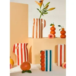 Vase pichet en grès rayé corail et blanc h24cm - Artist