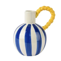 Vase rayé en grès bleu avec anse jaune h21cm