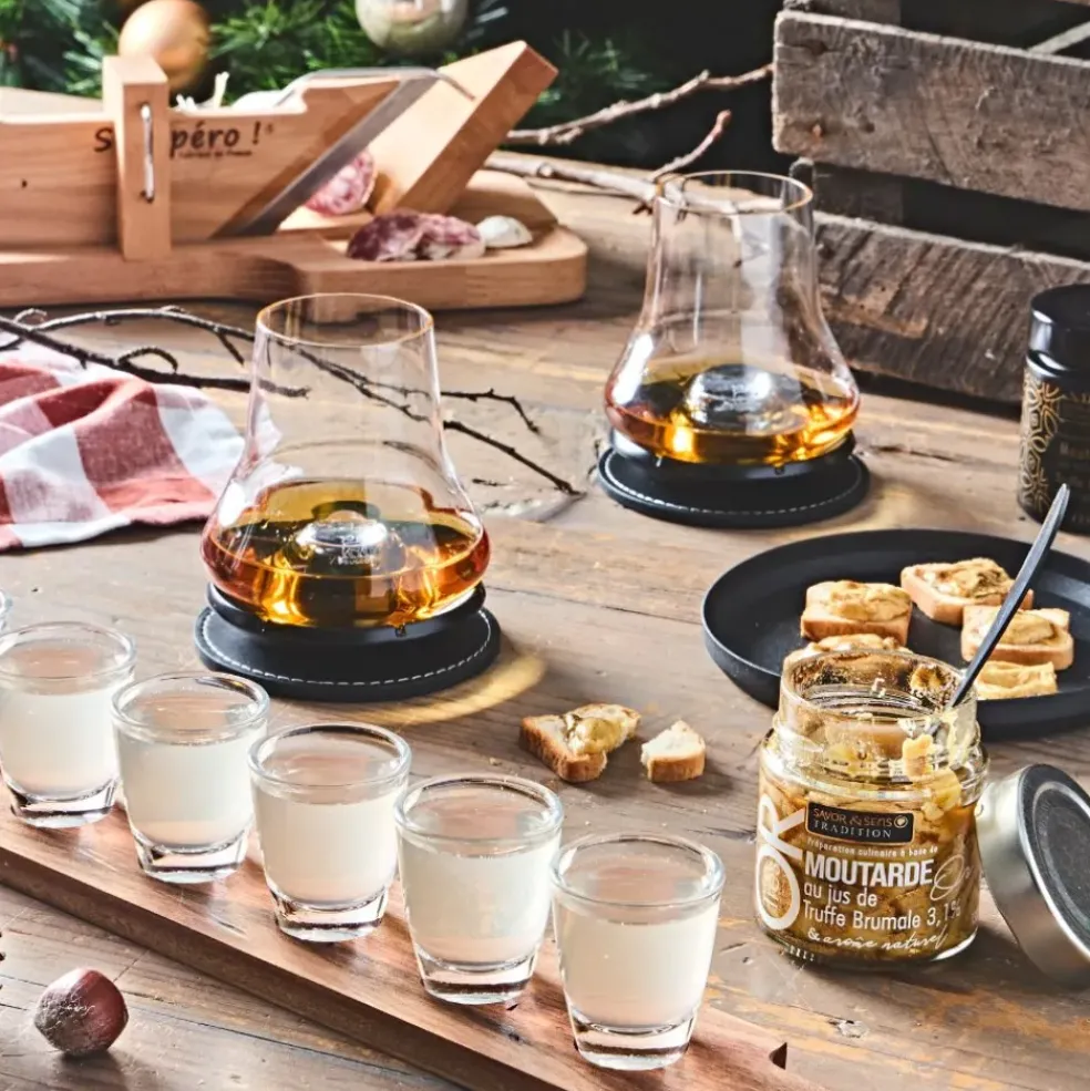Verre shooter par 6 avec support acacia 42x6cm